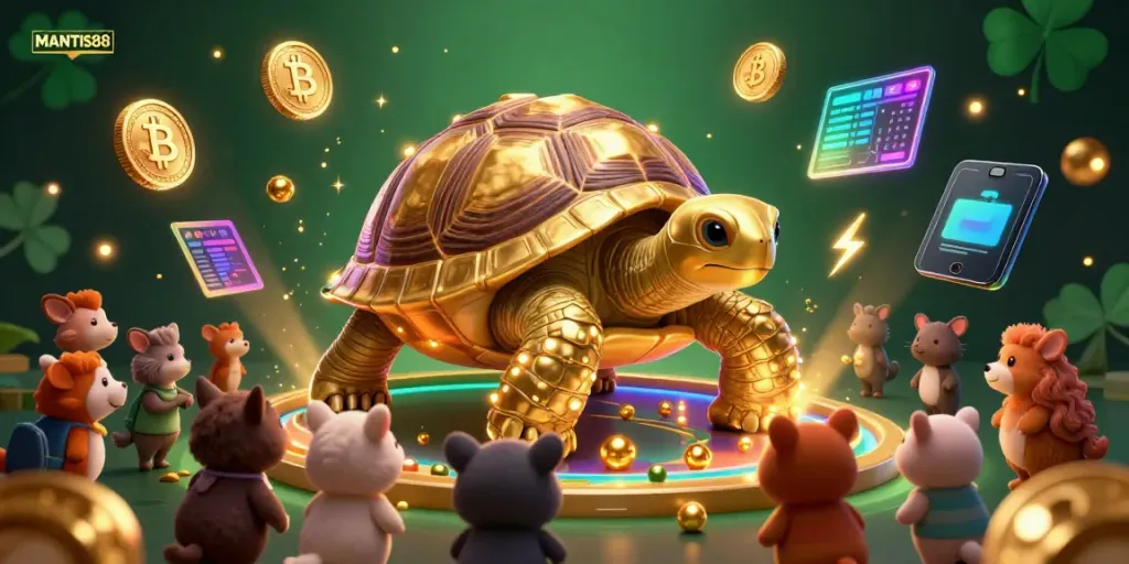 Engage with MANTIS88, where a golden tortoise pinball machine delights excited players amid shimmering Bitcoin and Ethereum coins.