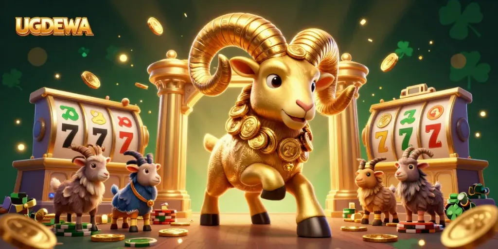 Engage in exciting gameplay with UGDEWA's golden ram charging towards a dynamic slot machine scene.