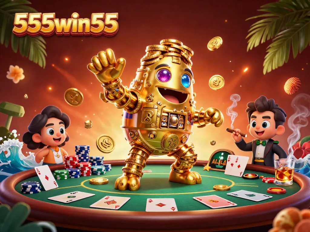 Experience the thrill of winning at 555win55 with a vibrant scene featuring a golden golem and poker elements