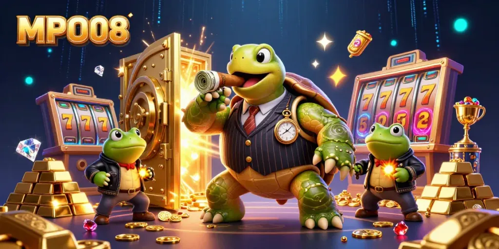 Experience winning moments with MPO08 in a lively casino scene of fun characters and treasures.