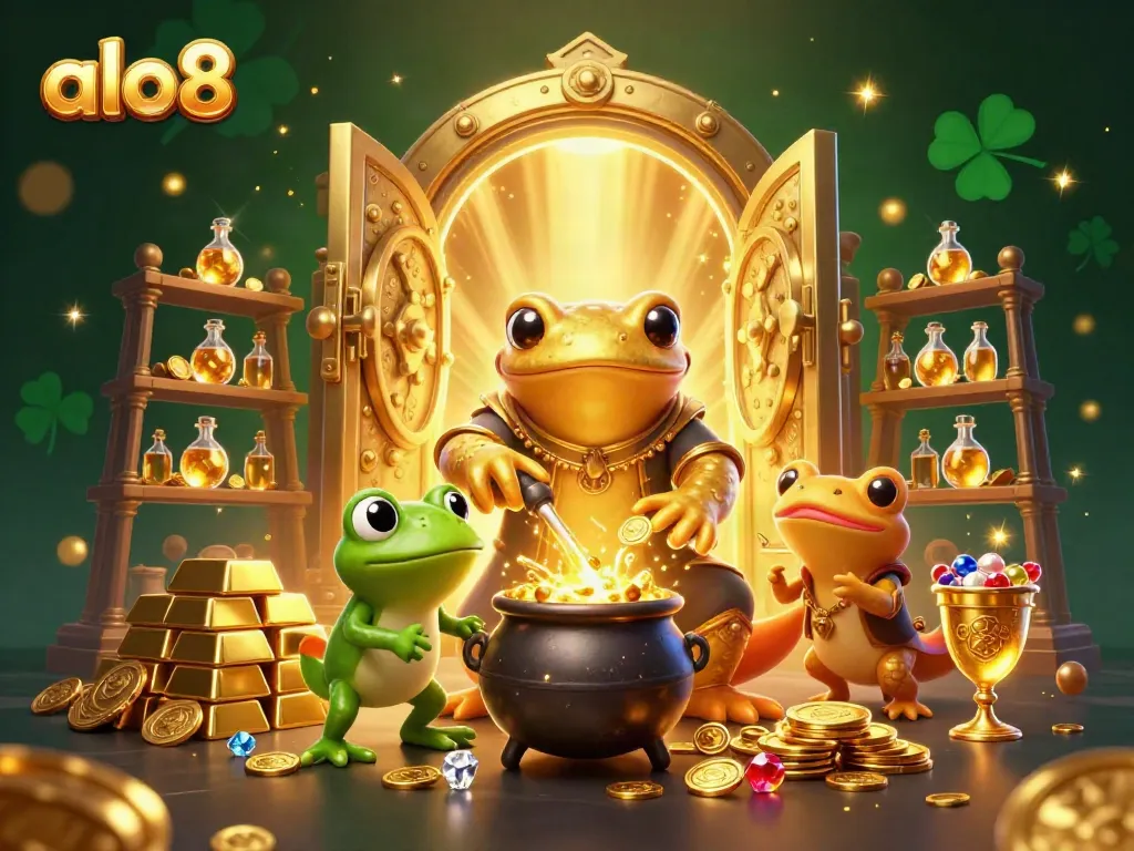 Experience the excitement of playing games at alo8 with a magical golden laboratory scene full of treasures and adventure.
