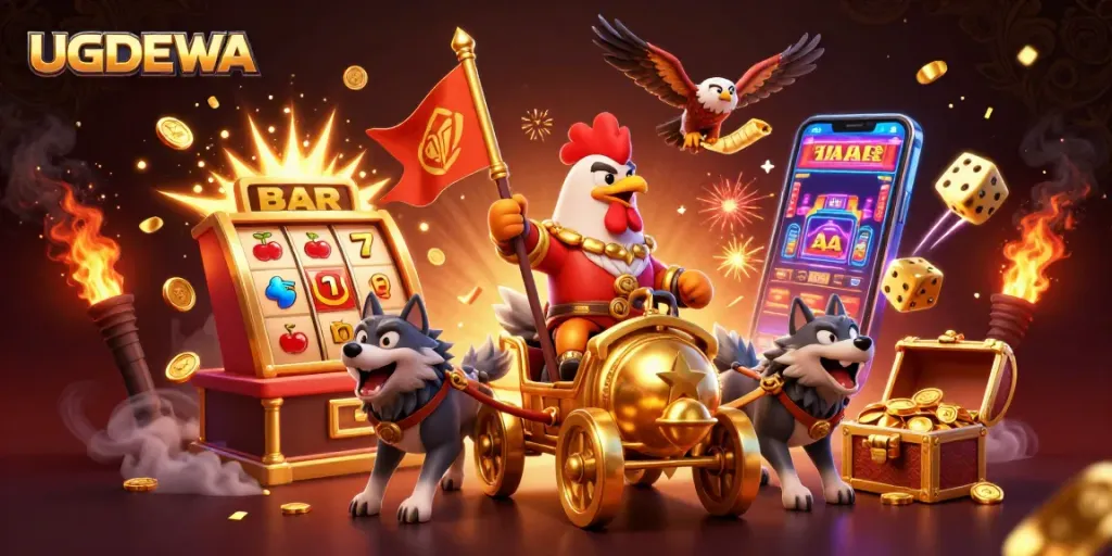 Engage with CG illustration of UGDEWA showcasing a thrilling casino scene with jackpot rewards and dynamic characters.