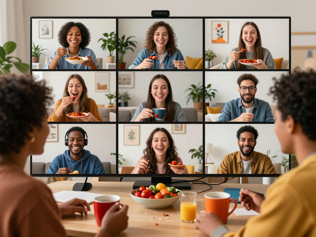 Diverse group enjoying a spicy chat over video call with a warm atmosphere.