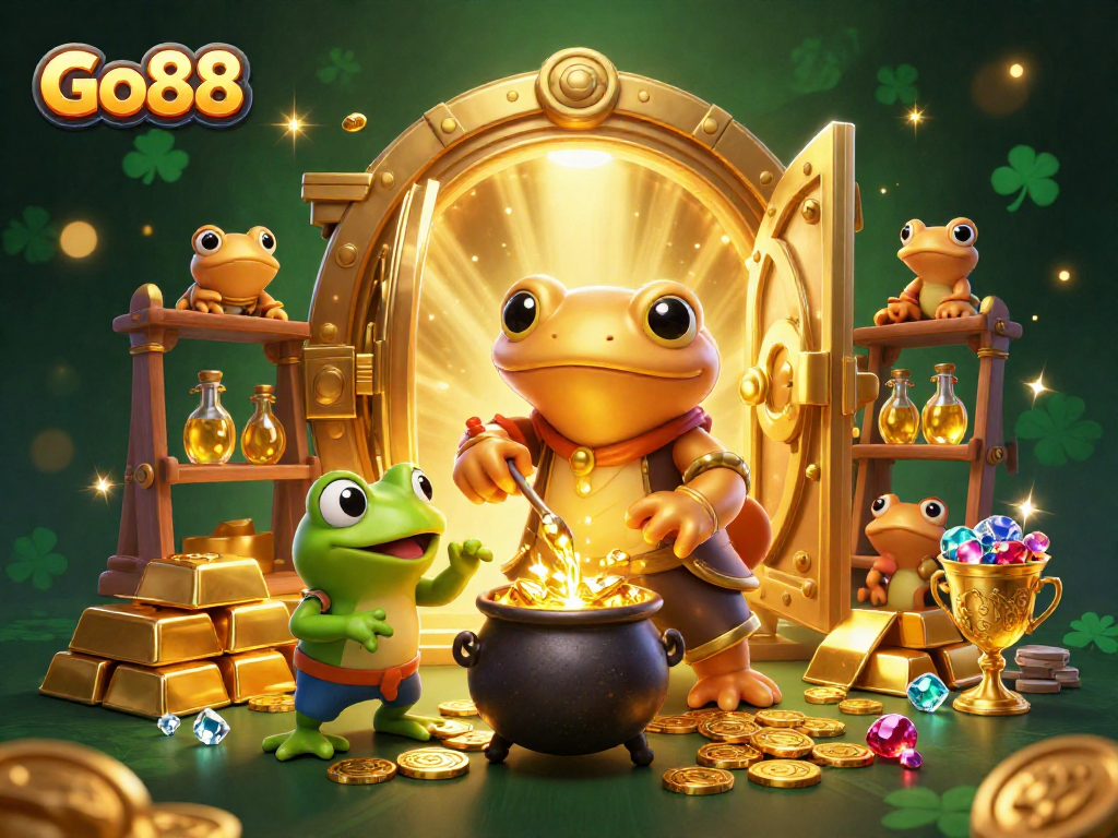 Trò chơi Go88 thú vị với salamander vàng khổng lồ và học trò, cùng kho báu lấp lánh.