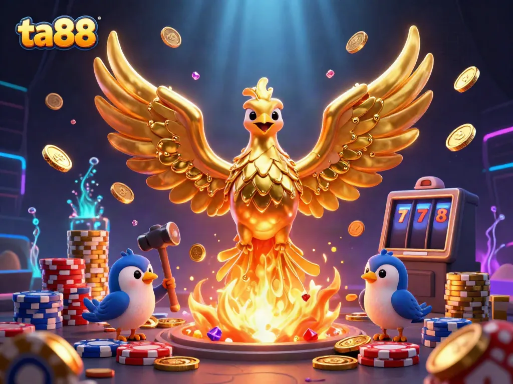 Experience the excitement of ta88 gaming with a molten phoenix and gold coins in motion.