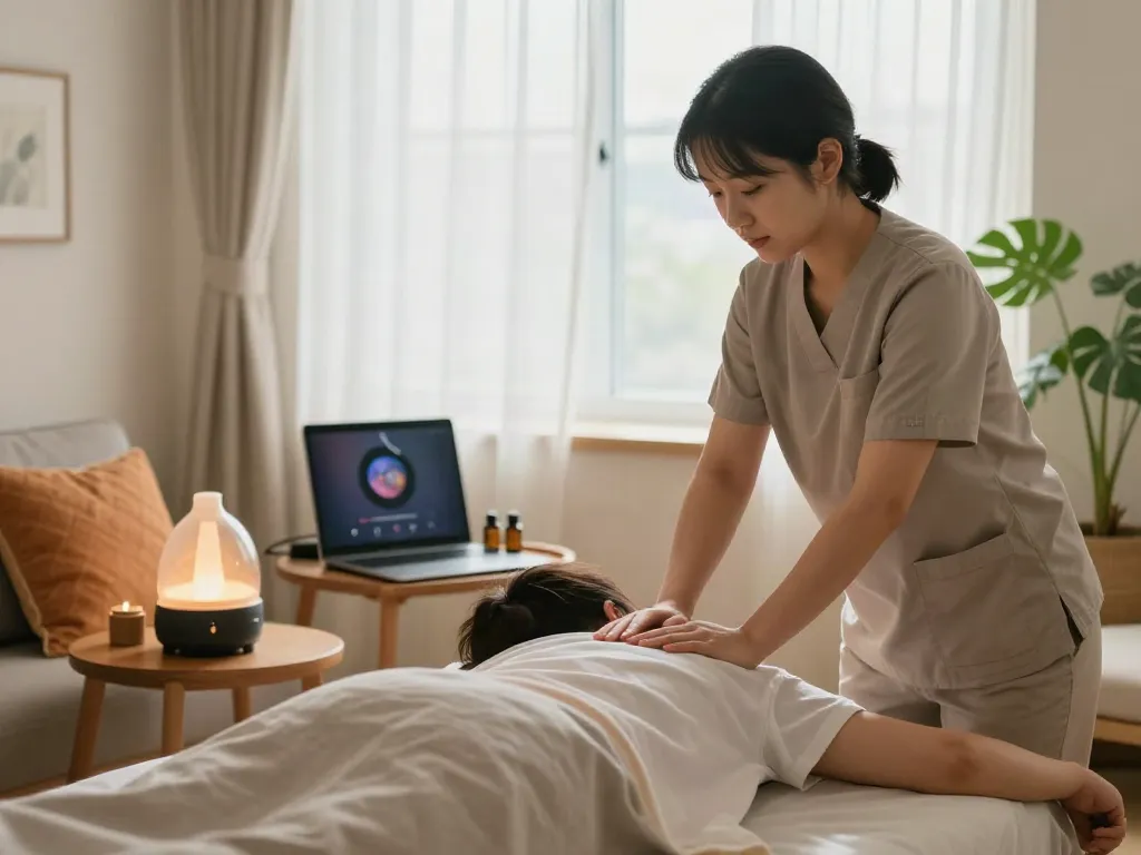 Professional 인천출장마사지 session in a cozy home setting, featuring soothing oils and serene decor.