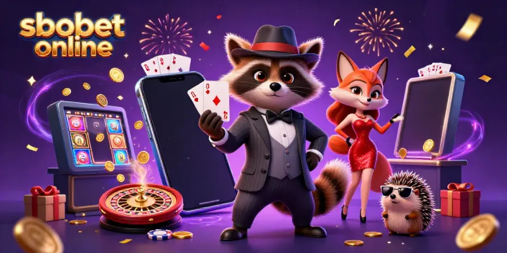 Experience sbobet online with a raccoon dealer showcasing a royal flush amidst glittering gambling elements.