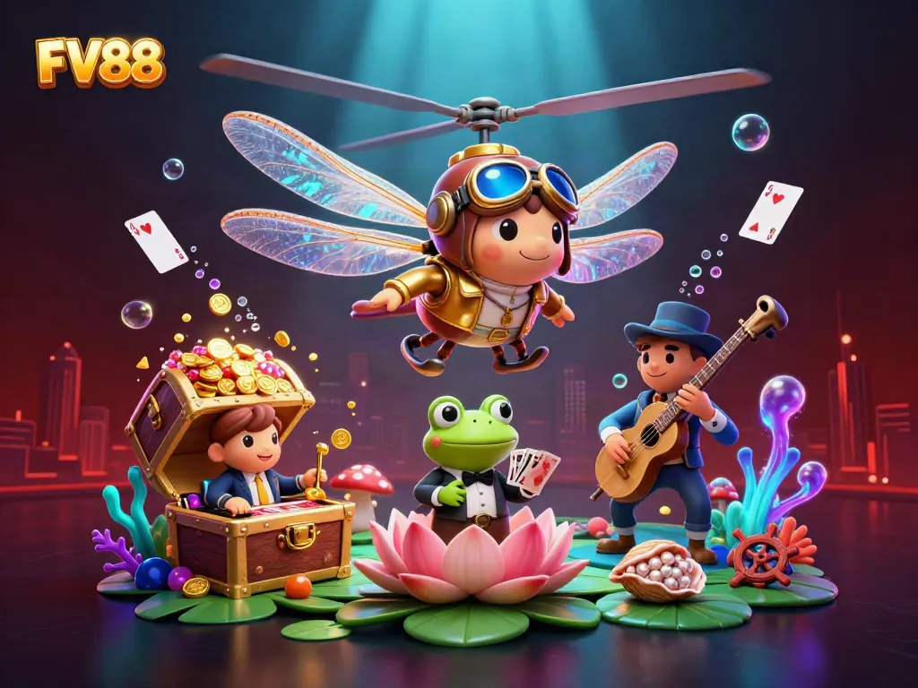Experience the vibrant world of FV88 with a cartoon dragonfly pilot and a frog croupier amidst rich gaming elements.
