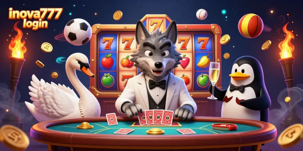 Experience the excitement of inova777 login at this illustrated baccarat table featuring vibrant characters and game elements.