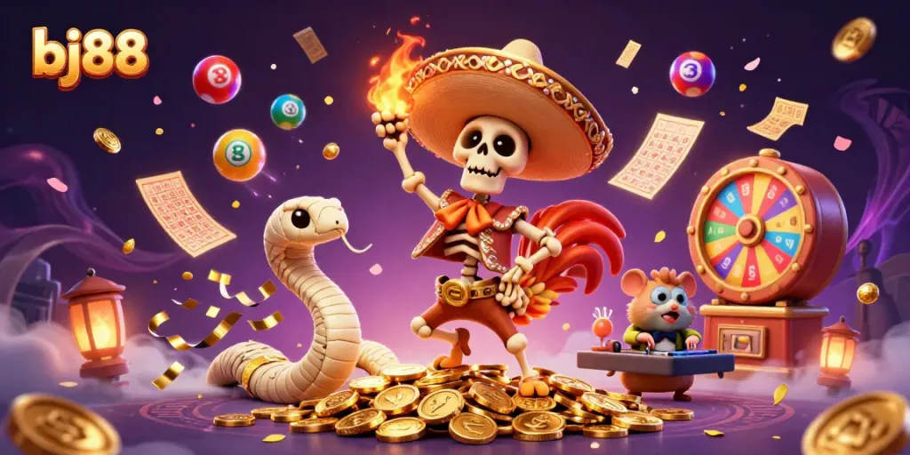 Experience the exciting world of bj88 with a dynamic 3D scene featuring a dancing mariachi rooster and vibrant game elements.