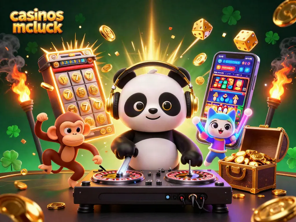 Spin the reels with casinos like McLuck in this vibrant 3D illustration featuring a DJ panda and lively characters.