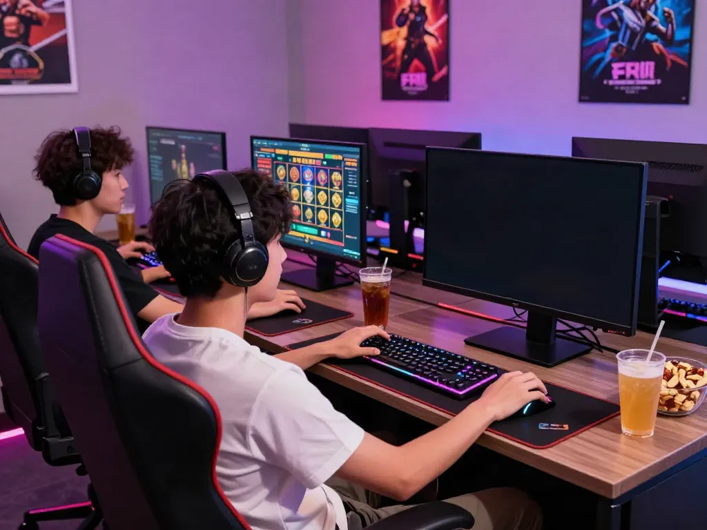 Akujp gaming lounge featuring an engaged player with vibrant RGB lights and competitive atmosphere.
