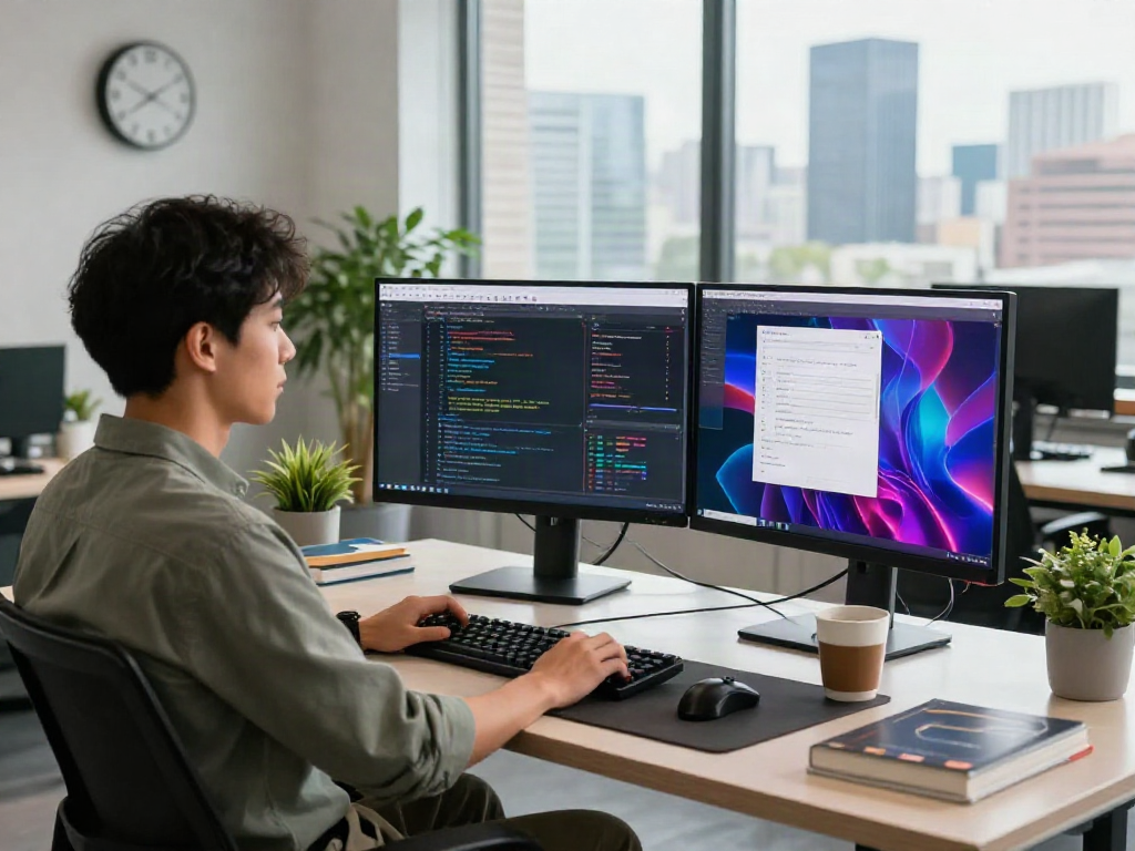 A software developer using go8 technology in a modern office setting with dual monitors, vibrant coding interface, and city skyline view.
