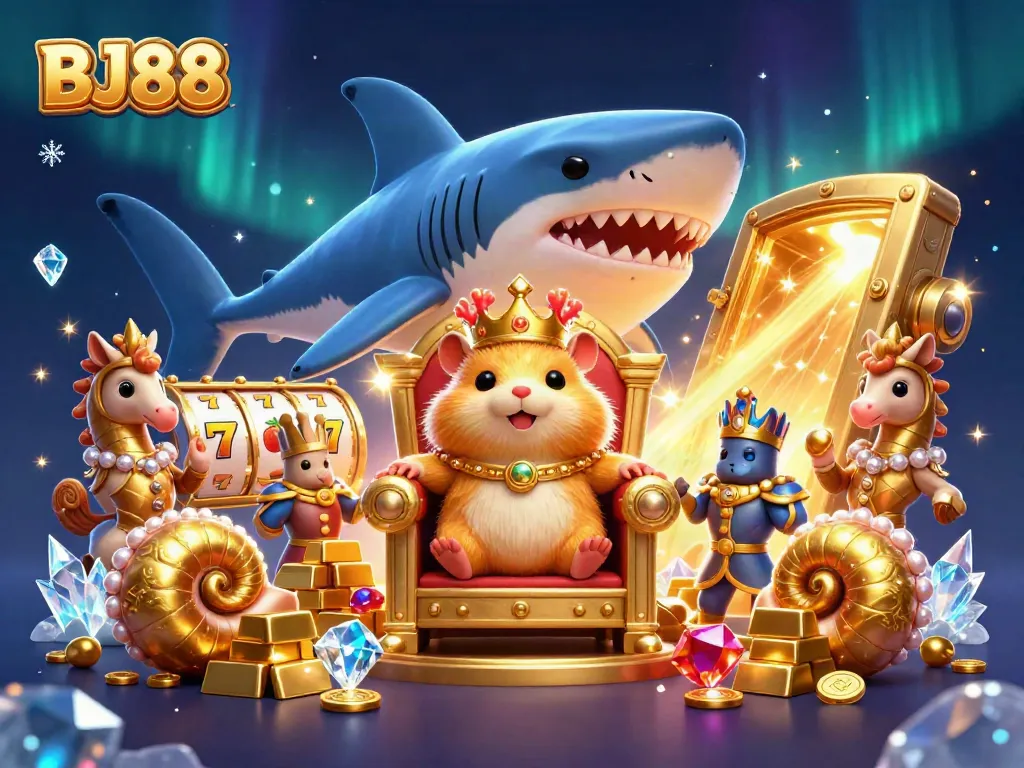 BJ88 Casino brings the thrill of winning with a cartoon hamster king in a golden treasure scene.