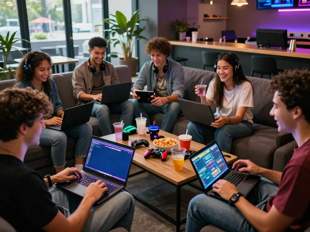 Friends enjoying the luxury12 link gaming experience in a modern lounge.