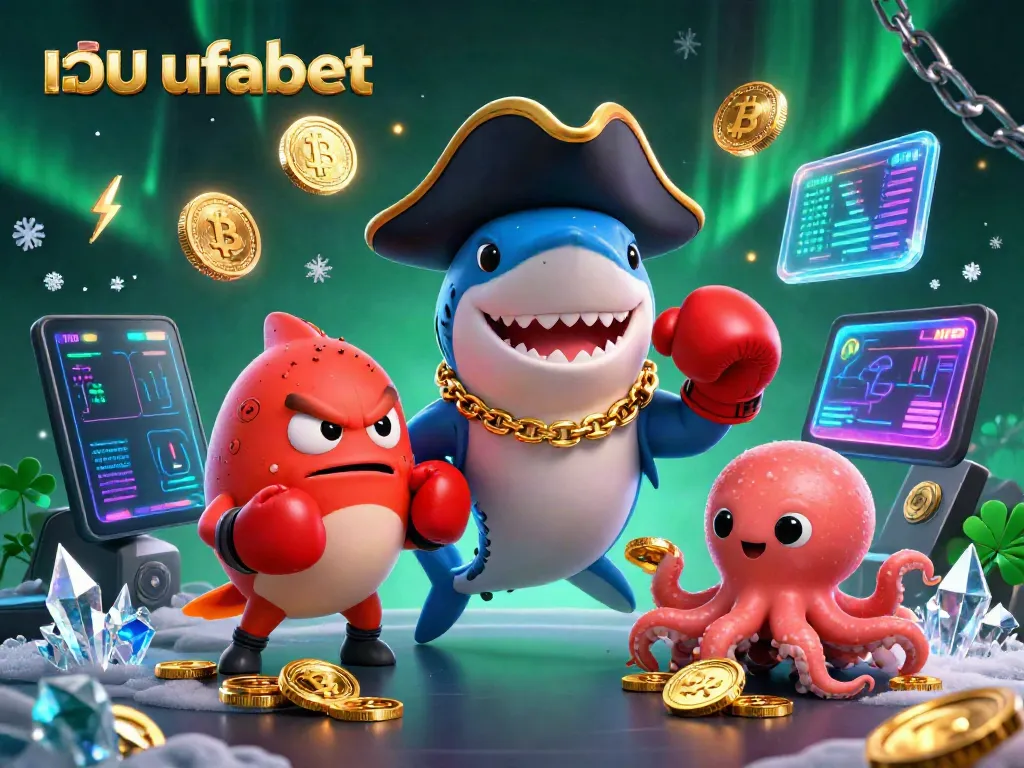 Play exciting games at เว็บ ufabet with colorful characters, gold coins, and crypto elements, showcasing vibrant casino action.