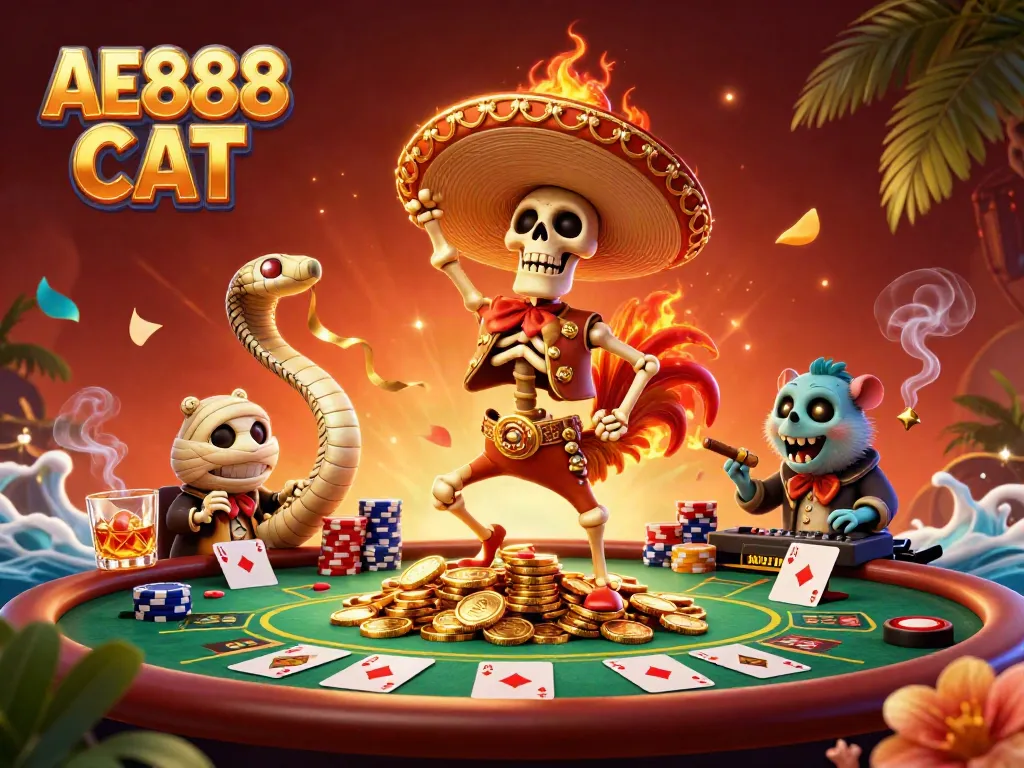 Experience the excitement of AE888 CAT with a vibrant casino scene featuring unique characters.