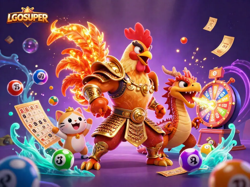 Engage with LGOSUPER's dynamic gaming atmosphere featuring colorful elements and 3D characters.