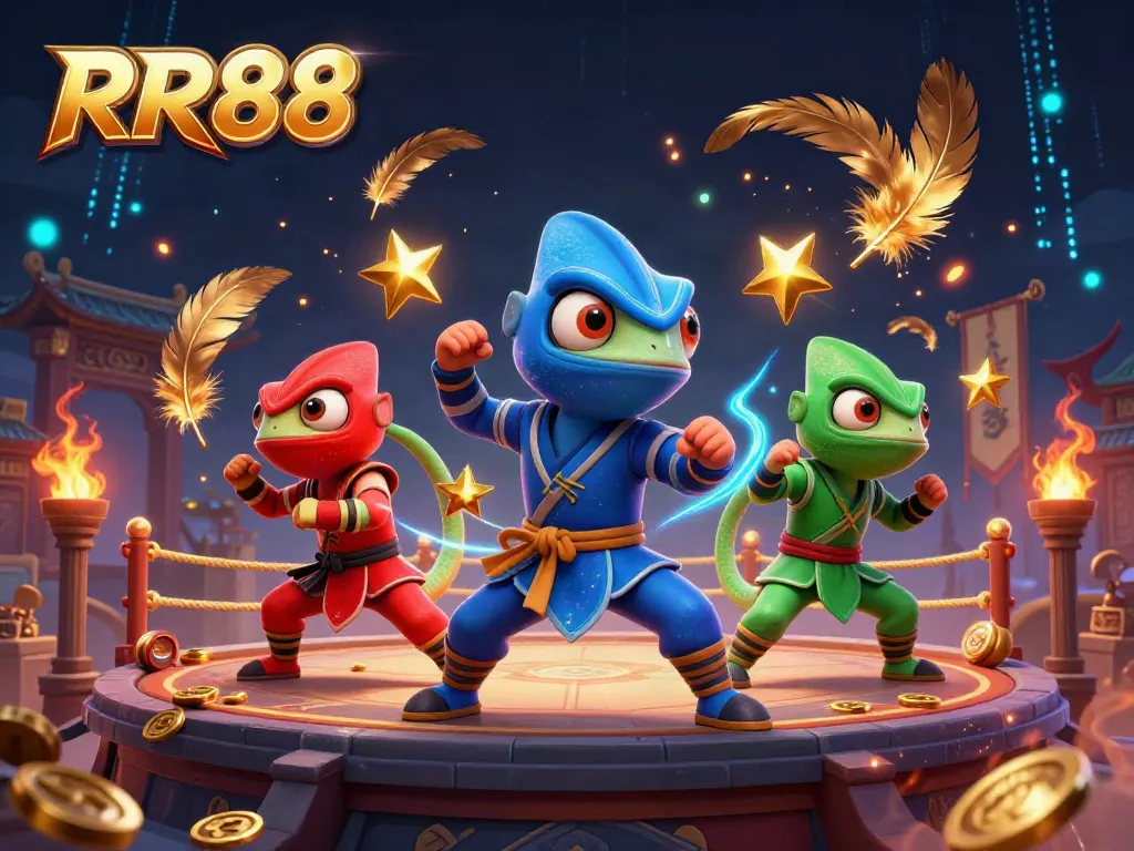 RR88 showcases a dynamic scene with a ninja chameleon team performing martial arts amidst golden coins and atmospheric effects.