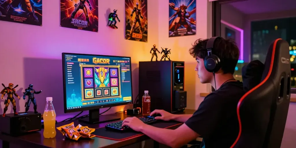 Player immersed in slot gacor game within an energetic gaming room, vibrant colors and atmosphere.