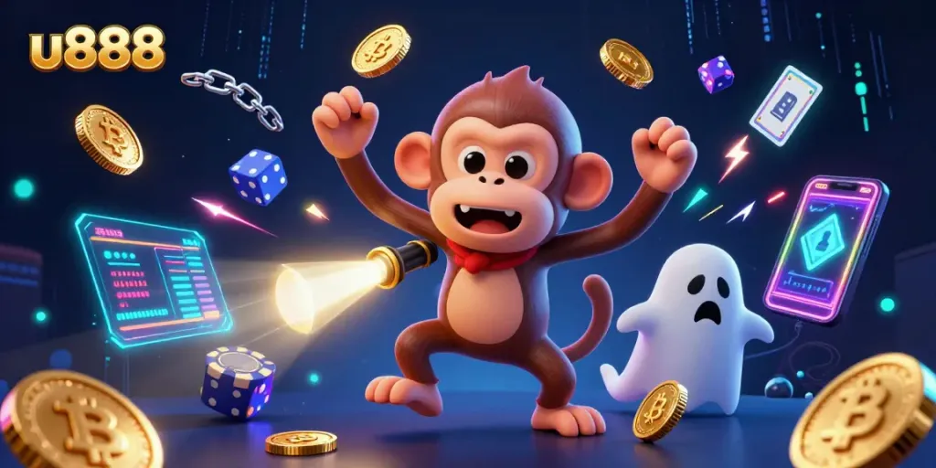 Engage with u888's exhilarating casino experience featuring a playful poltergeist monkey.