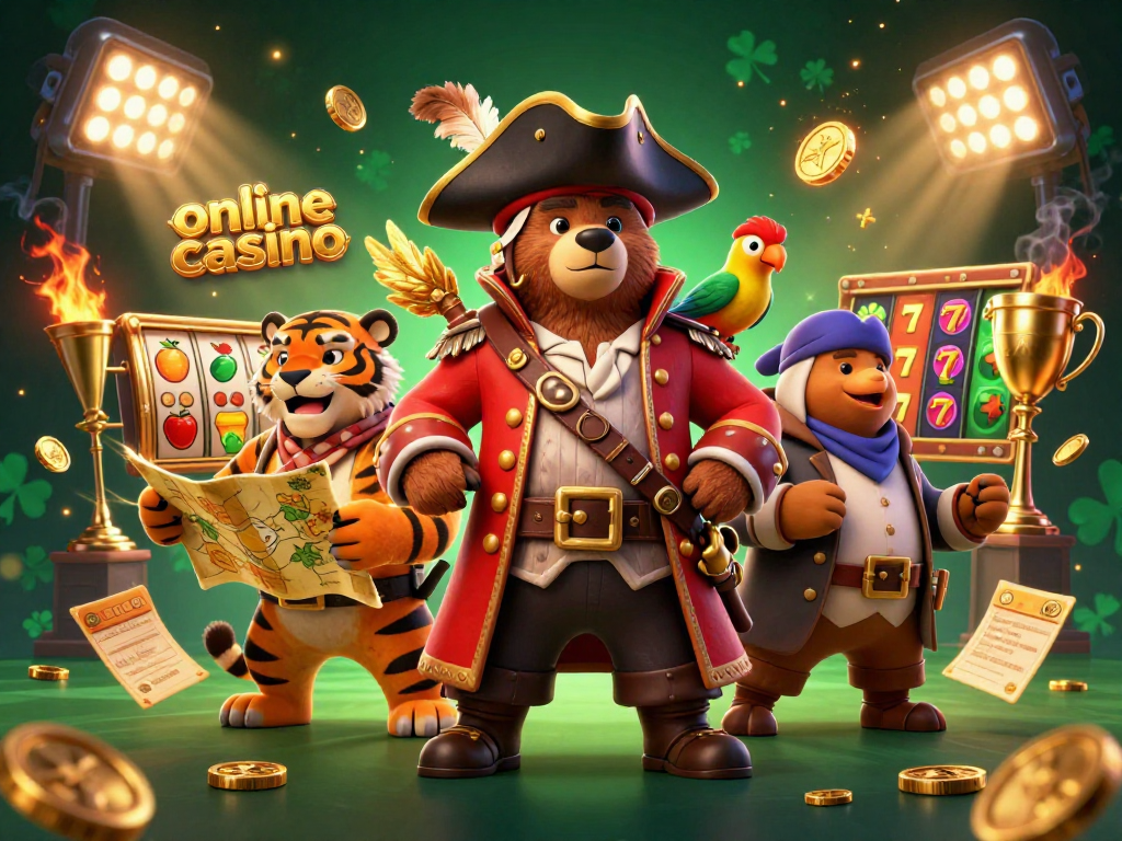 Experience the thrill of an online casino with dynamic characters surrounded by vibrant gaming elements.