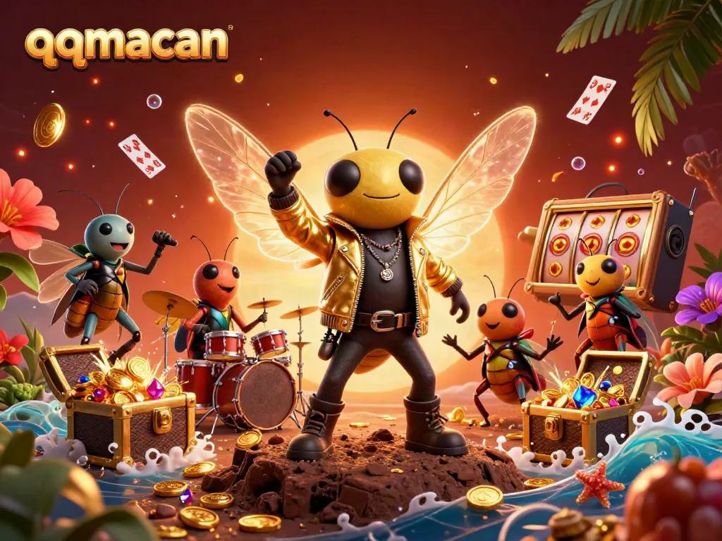 Engage with qqmacan's vibrant casino scene featuring a rock star cicada and gaming elements.