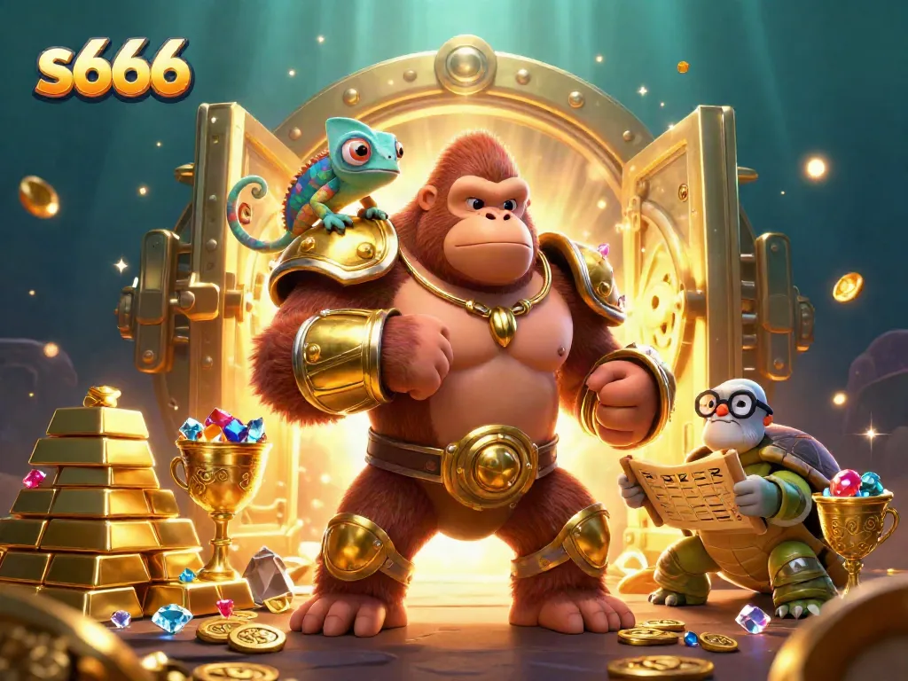 Engage with the s666 adventure through vibrant casino-themed imagery featuring dynamic characters and rich treasures.