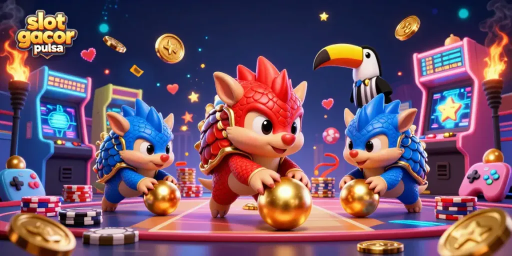 Playing slot gacor pulsa with animated pangolins rolling into golden balls amidst colorful casino elements.