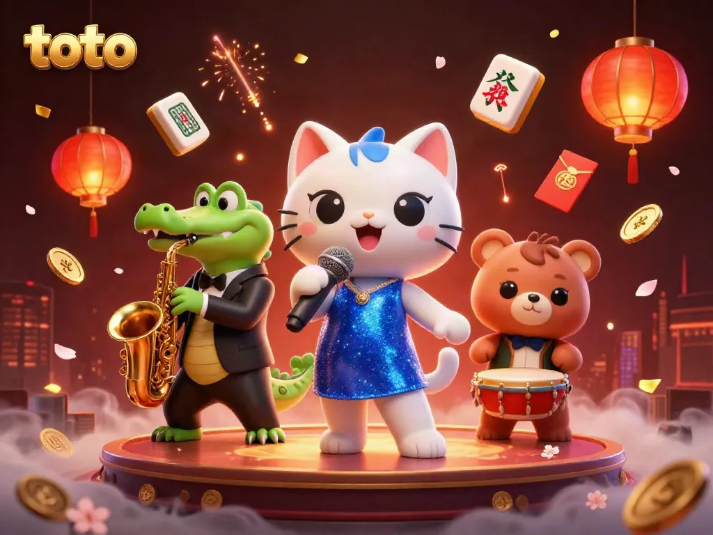 Toto-themed casino illustration featuring a jazz-singer cat and musicians amidst casino elements.