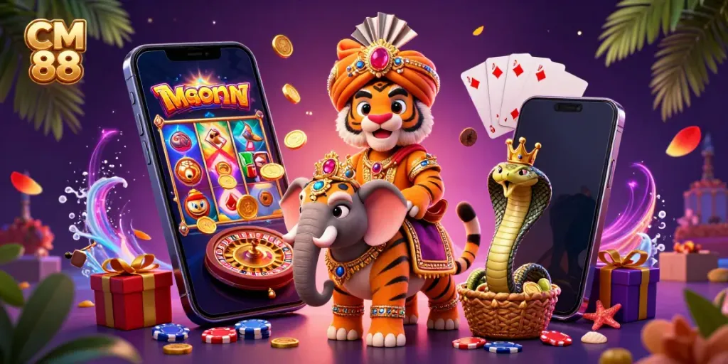 Experience the excitement of CM 88 with vibrant slot games and characters in a dynamic casino scene.