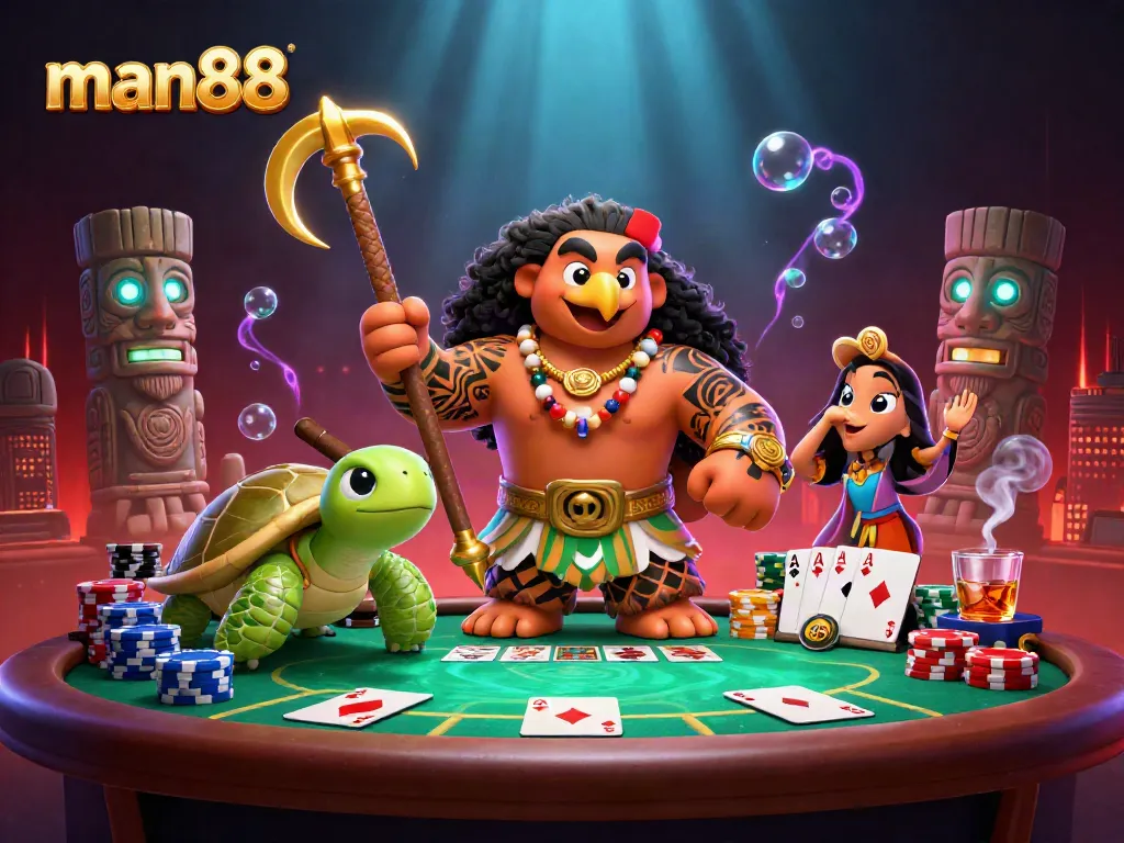 Experience thrilling gameplay with man88 in a vibrant 3D poker scene featuring vivid character action and casino elements.