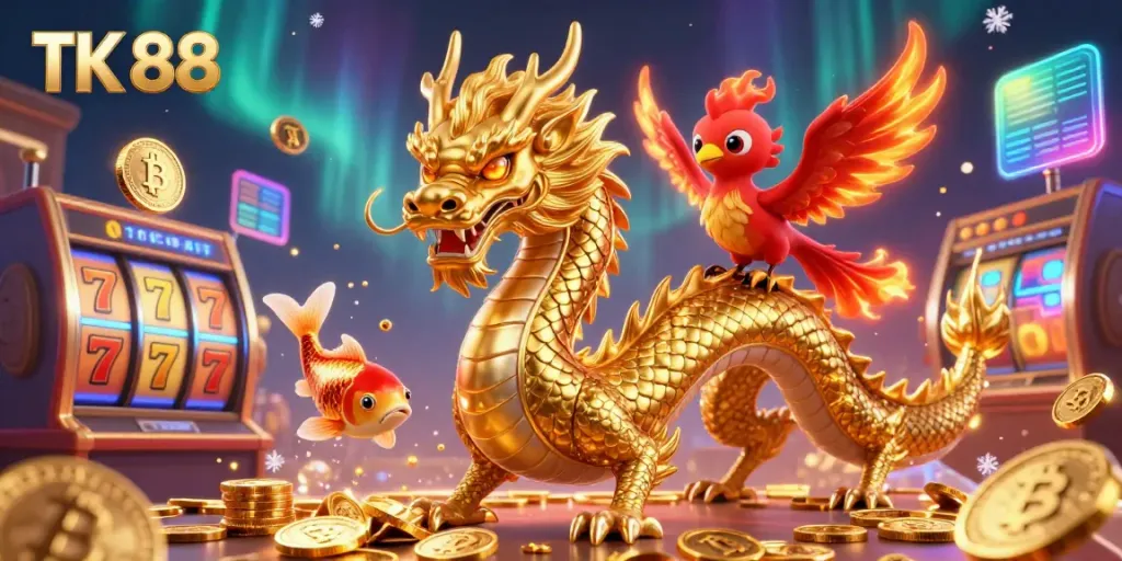 Experience the thrill of TK 88 with a dynamic casino scene featuring a golden dragon, red phoenix, and koi fish amidst vibrant gaming elements.