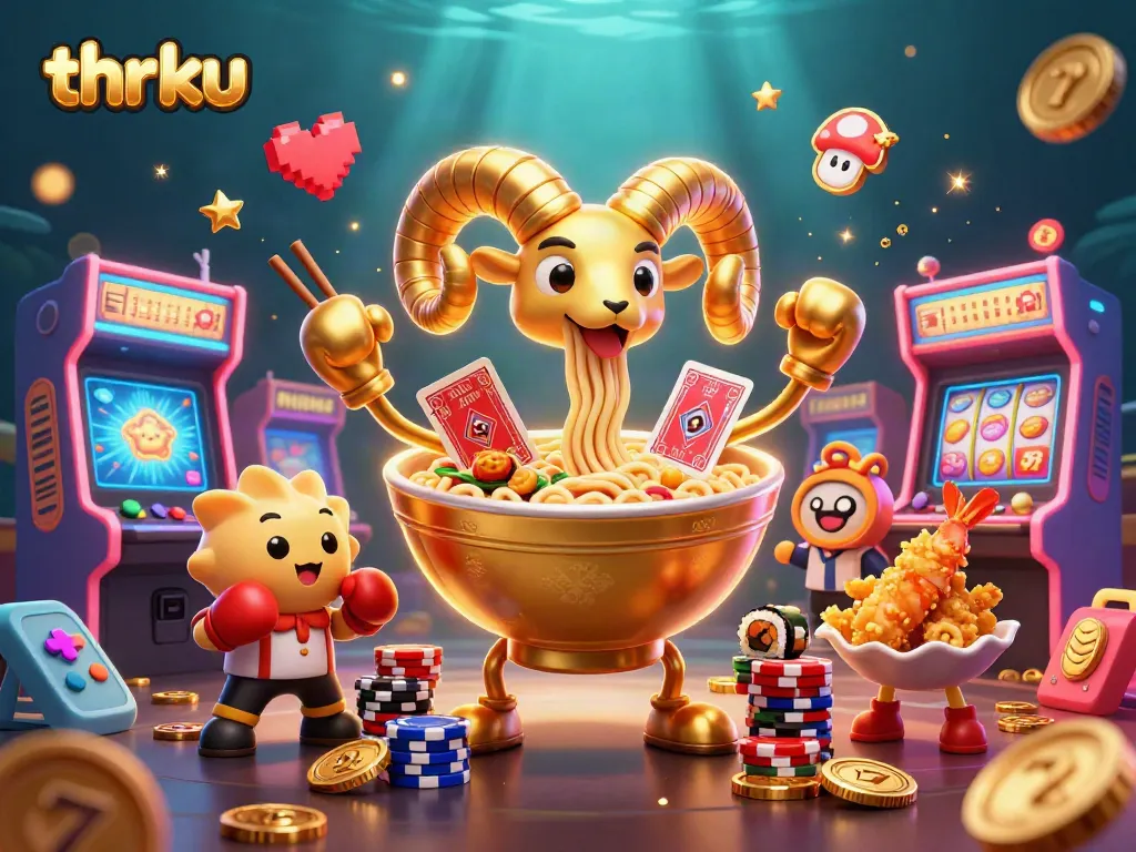 thrku offers an action-packed gaming scene with vibrant casino elements, including colorful slot machines and lively characters.
