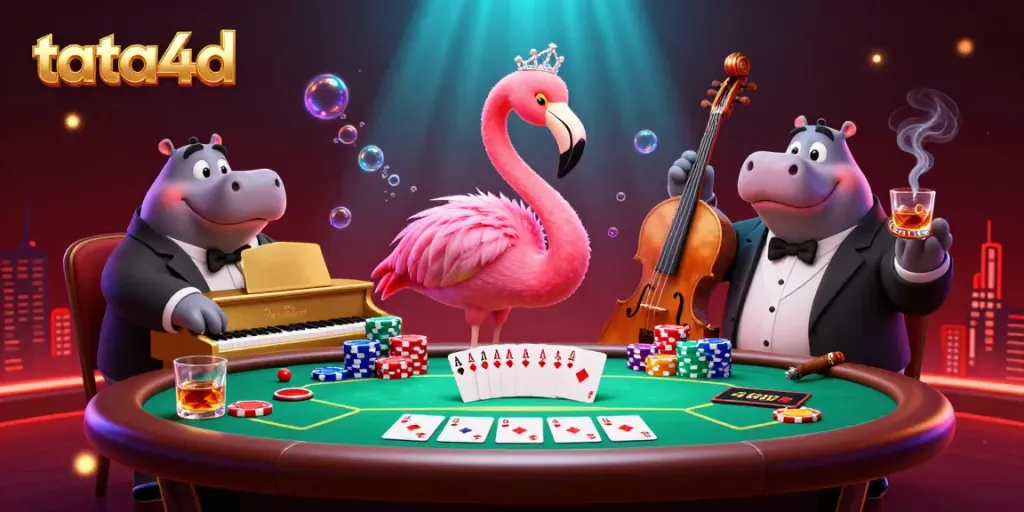 Experience exciting gameplay with tata4d's vibrant casino scene featuring a flamingo singer and hippo bassist.