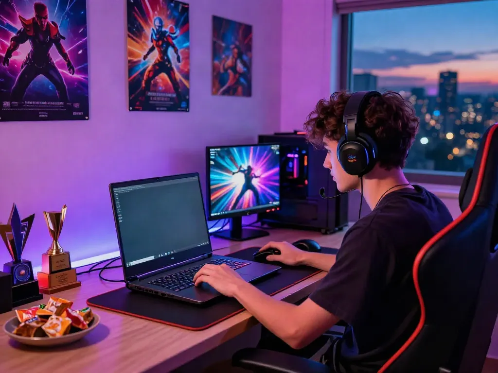 Engaged gamer in vibrant gaming room with akunjp-themed accessories and equipment.