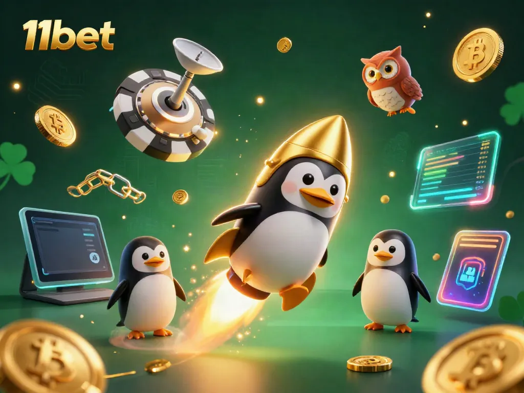 Engage with 11bet's immersive gambling experience through a dynamic 3D casino-themed illustration featuring a golden penguin.