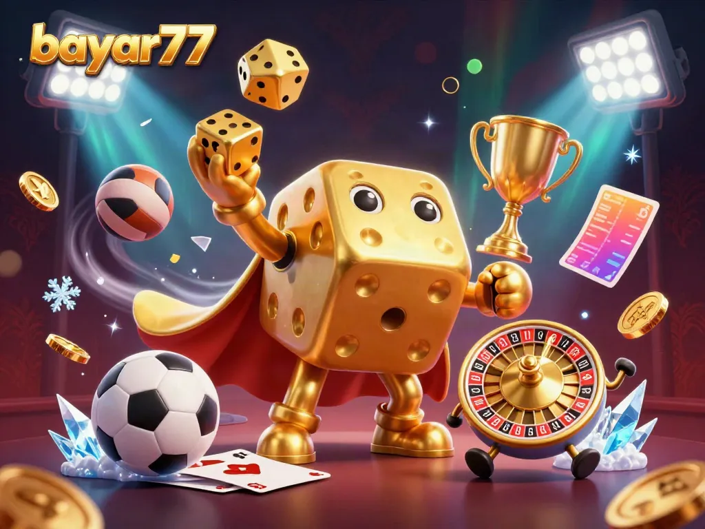 Engage in exciting gameplay with bayar77, featuring a cartoon dice golem and dynamic sports elements.