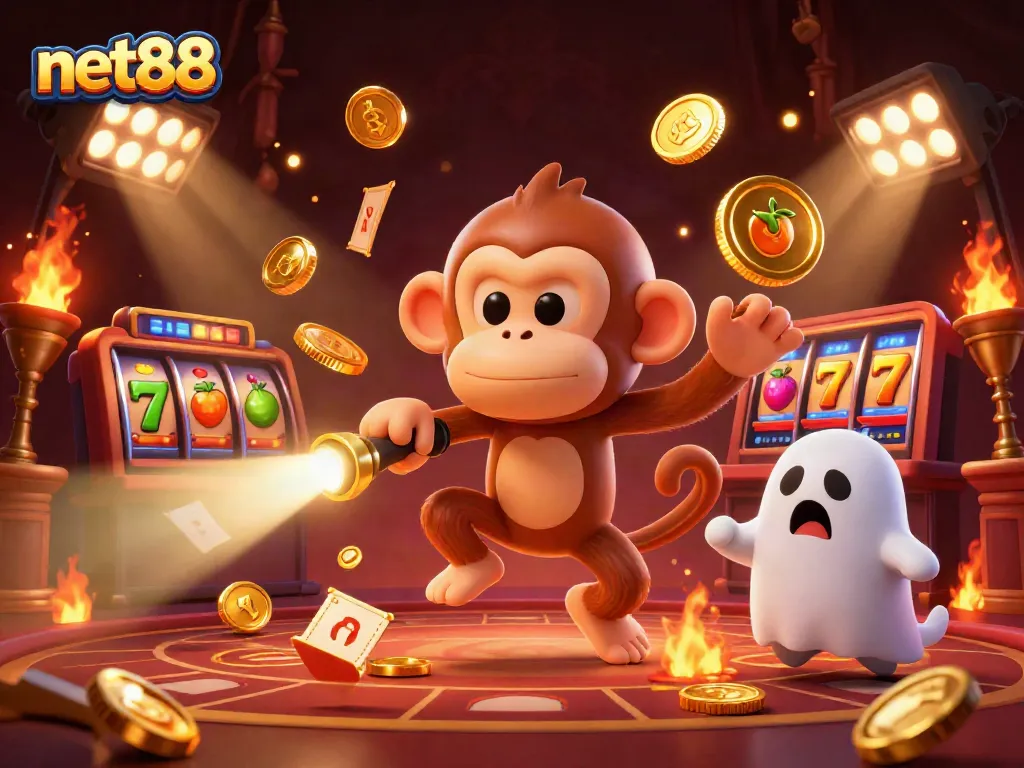 Experience thrilling fun with net88 as a poltergeist monkey juggles gold in a haunted casino.