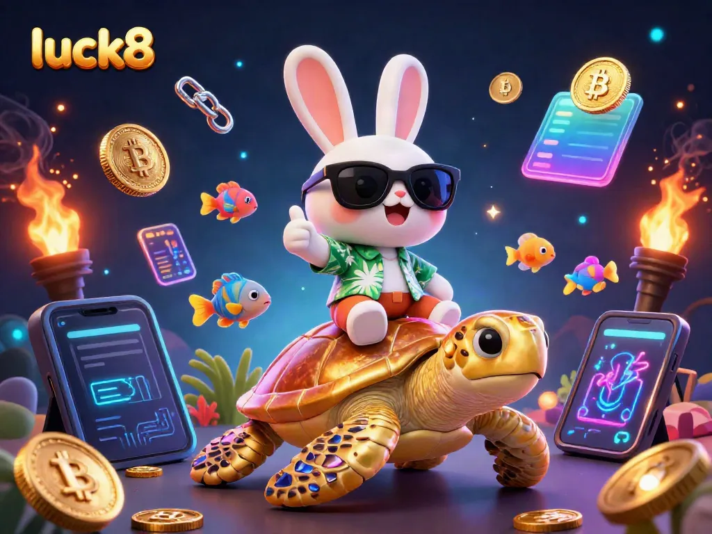 Catch the luck8 excitement with a lucky rabbit on a golden turtle amidst glowing crypto and vibrant sea life.