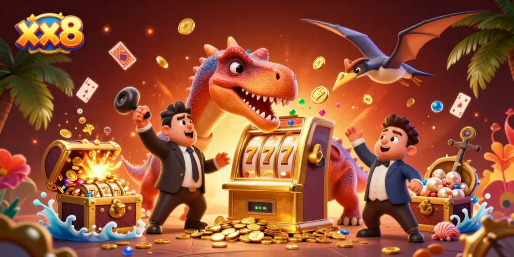 xx8 showcases a cartoon pachycephalosaurus winning jackpots at a thrilling casino scene, bursting with winnings.