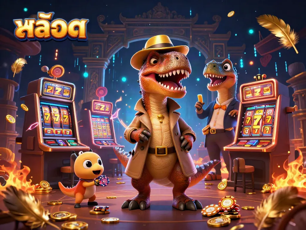 Spin the slots with thrilling cartoon velociraptors at a dynamic casino scene.