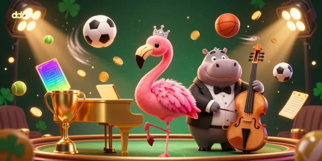 Dabet betting scene with a flamingo singer and hippo bassist surrounded by dynamic sports elements.