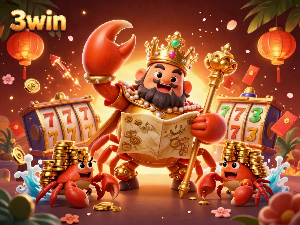 Experience thrilling victories with 3win's golden crab emperor and casino elements bursting into action.