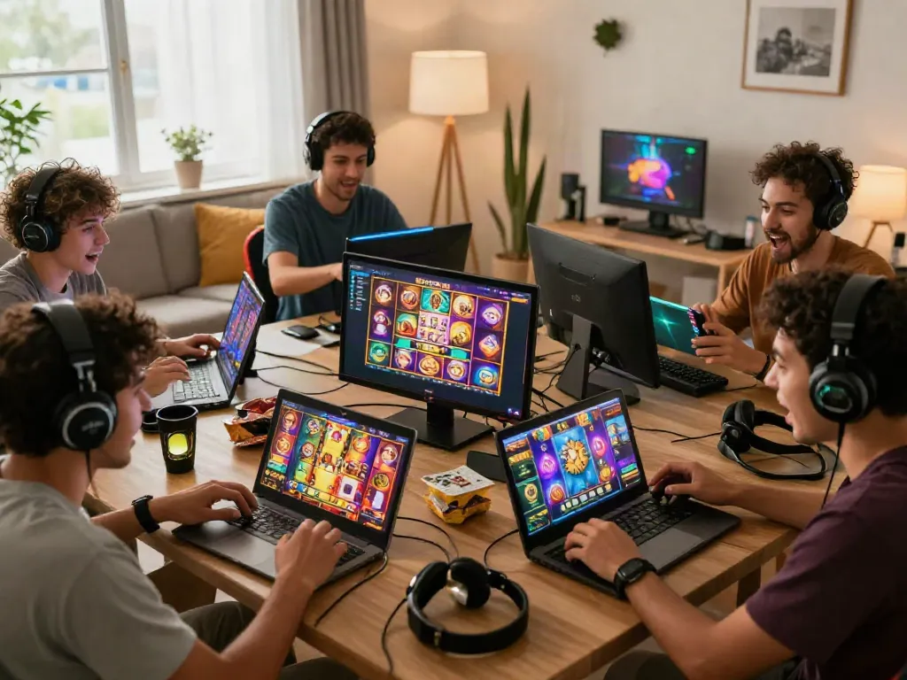 Excited players enjoying slot thailand games in a cozy gaming environment.