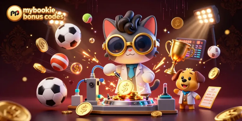 Reveal mybookie bonus codes with a lively 3D casino scene featuring a mad scientist cat and sports elements.