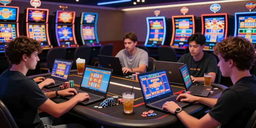 Hotslots Casino Spieler genießen verschiedene Slotspiele an modernen Geräten in einem stilvollen Online Casino.