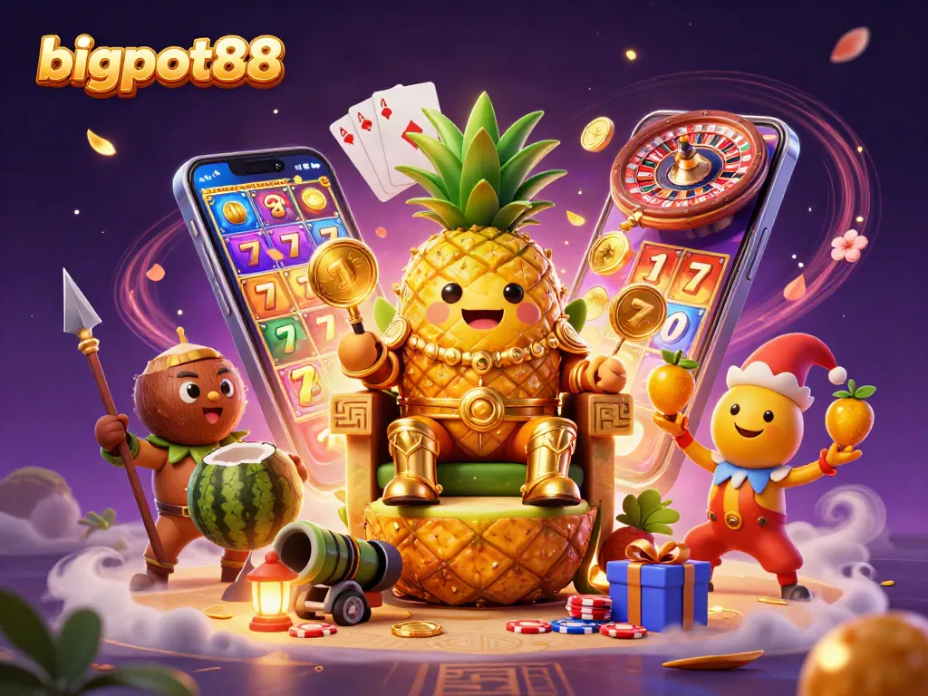 bigpot88 merayakan kemenangan dengan raja nanas emas dan elemen kasino tropis yang berwarna-warni