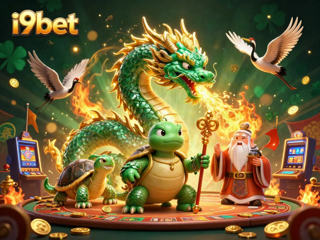 Engage with i9bet's immersive gaming experience featuring a jade dragon and vibrant casino elements.