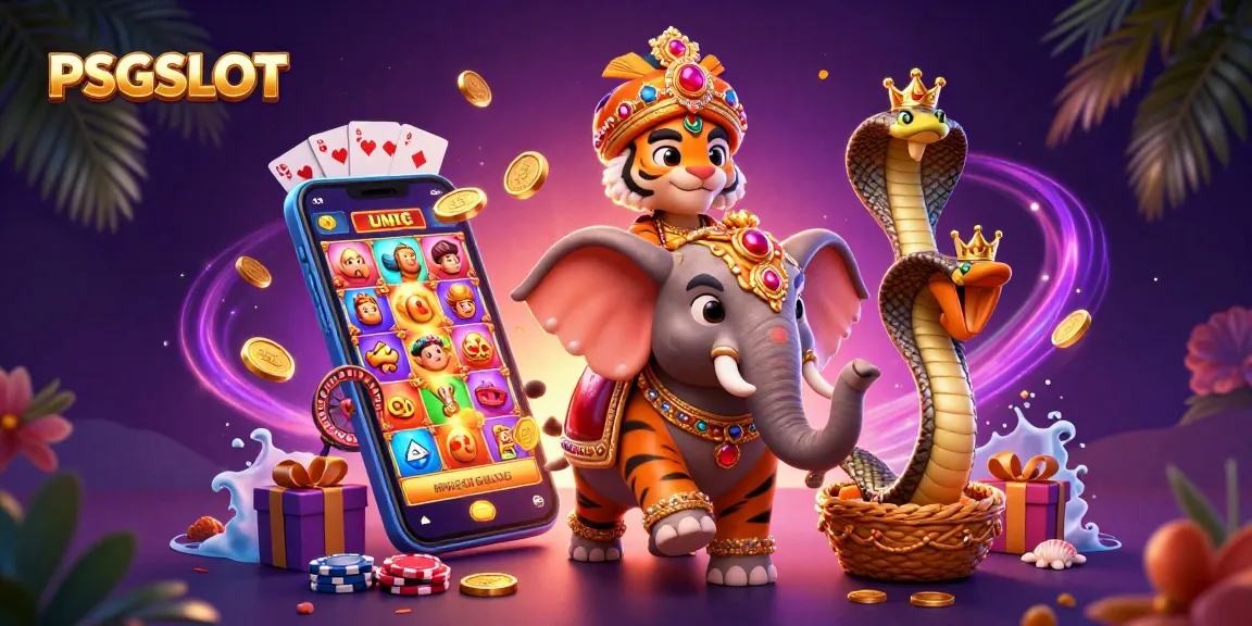 Gambarlah PSGSLOT yang menampilkan maharaja harimau di kasino dengan petunjuk permainan slot yang mewah.